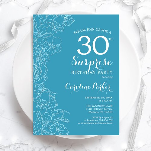 Surprise 30th Birthday Party _ Light Blue Floral Invitation