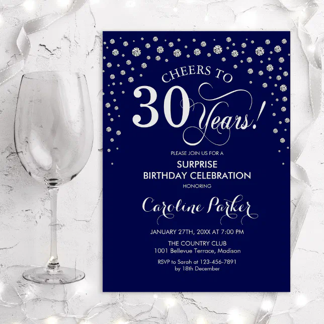 Surprise 30th Birthday Party Navy Blue Silver Invitation Zazzle