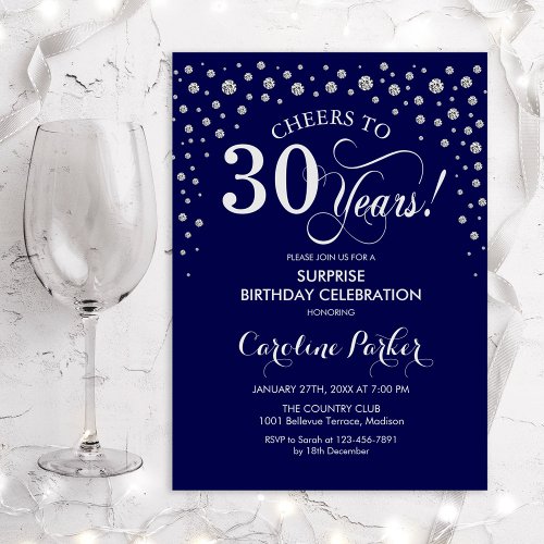 Surprise 30th Birthday Party _ Navy Blue Silver Invitation