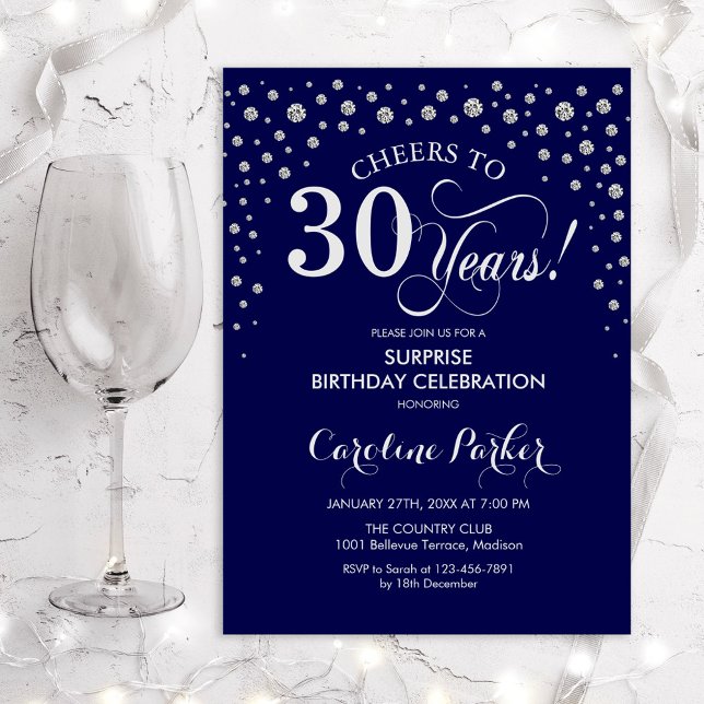 Surprise 30th Birthday Party - Navy Blue Silver Invitation (Creator Uploaded)
