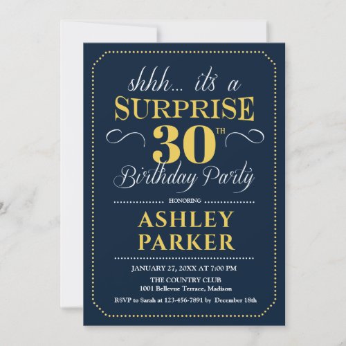 Surprise 30th Birthday Party _ Navy Gold Invitation