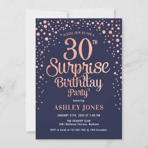 Surprise 30th Birthday Party _ Navy  Rose Gold Invitation