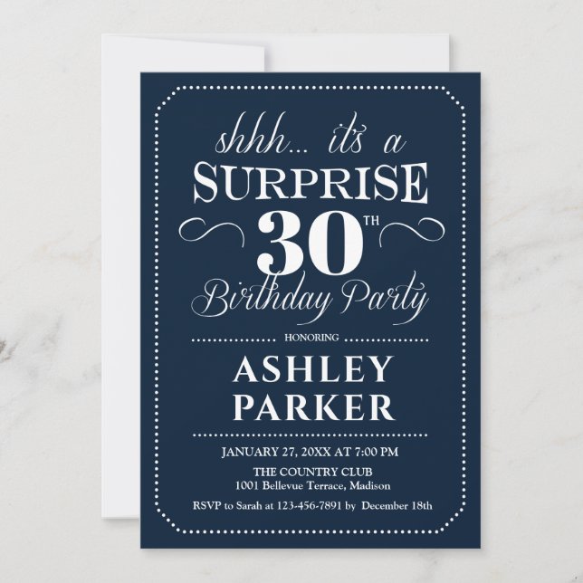Surprise 30th Birthday Party - Navy White Invitation (Front)