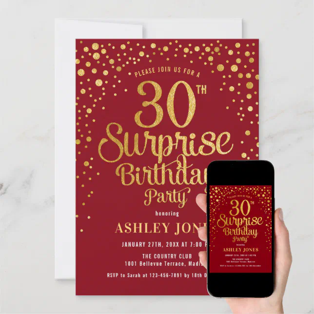 Surprise 30th Birthday Party Red And Gold Invitation Zazzle 