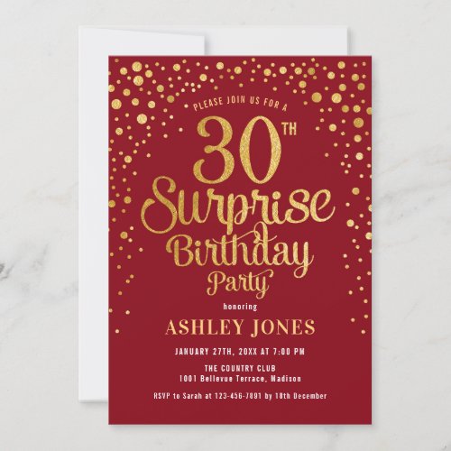 Surprise 30th Birthday Party _ Red  Gold Invitation