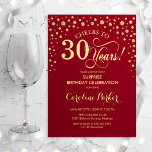 Surprise 30th Birthday Party - Red Gold Invitation<br><div class="desc">Surprise 30th Birthday Party Invitation.
Elegant design in dark red and faux glitter gold. Features script font and diamonds confetti. Cheers to 30 Years! Message me if you need further customization.</div>