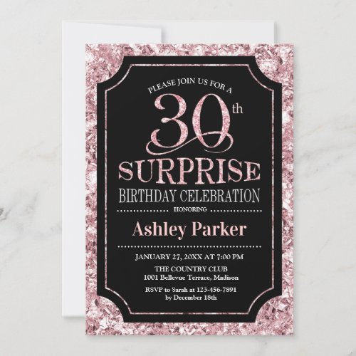 Surprise 30th Birthday Party _ Rose Gold Black Invitation