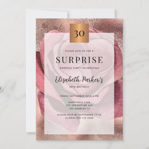 Surprise 30th birthday party rose gold glitter invitation