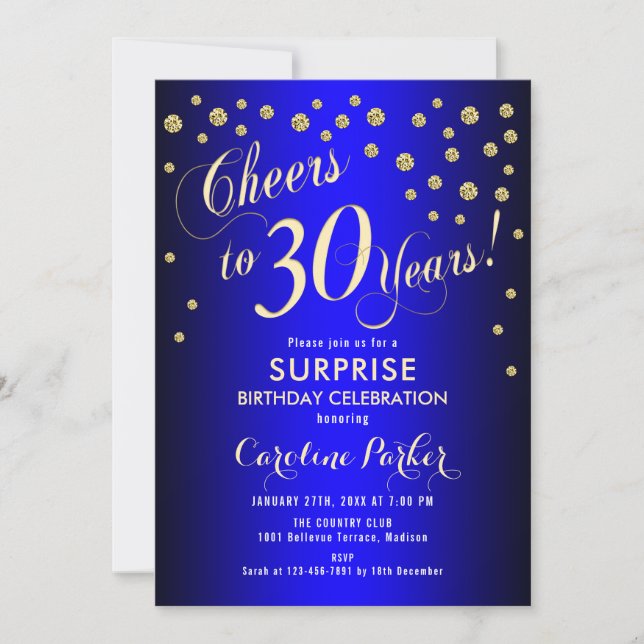 Surprise 30th Birthday Party - Royal Blue Gold Invitation (Front)