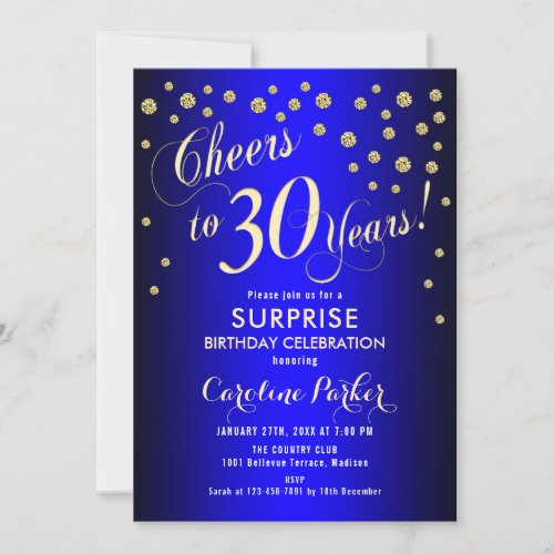 Surprise 30th Birthday Party _ Royal Blue Gold Invitation