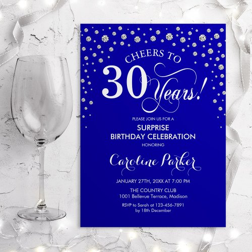 Surprise 30th Birthday Party _ Royal Blue Silver Invitation