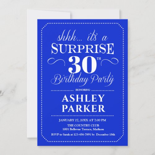 Surprise 30th Birthday Party _ Royal Blue White Invitation