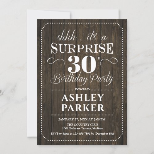 Surprise 30th Birthday Party _ Rustic Wood Invitation