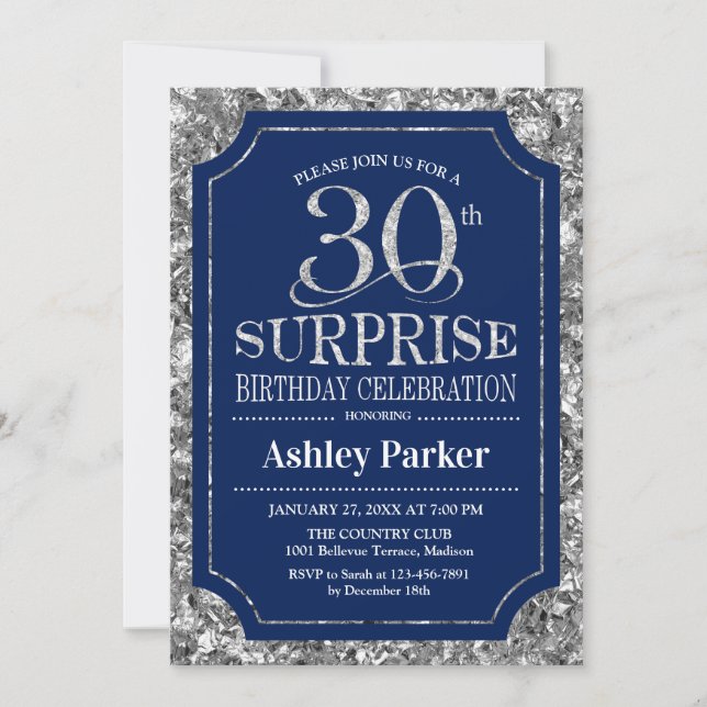 Surprise 30th Birthday Party - Silver Navy Blue Invitation (Front)