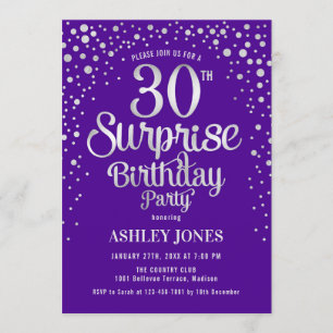 Surprise 30th Birthday Party - Silver & Purple Invitation