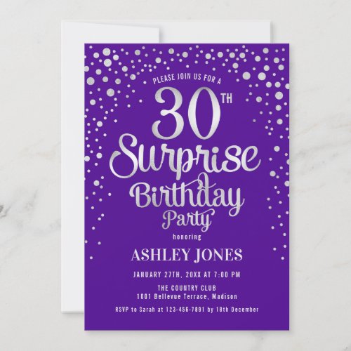 Surprise 30th Birthday Party _ Silver  Purple Invitation