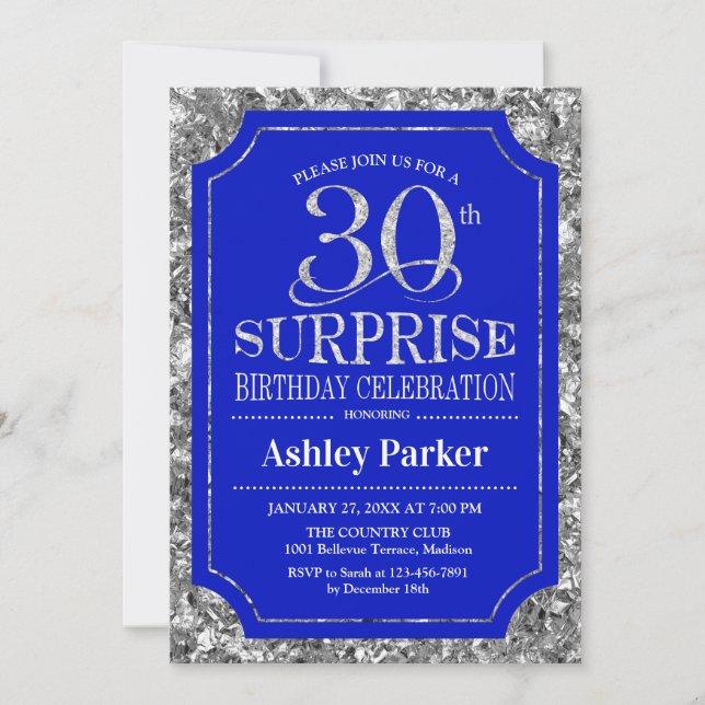 Surprise 30th Birthday Party - Silver Royal Blue Invitation (Front)