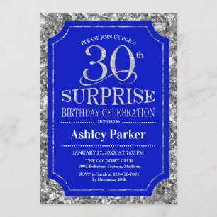 Surprise 30th Birthday Party - Silver Royal Blue Invitation
