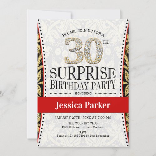 Surprise 30th Birthday Party _ White Gold Red Invitation