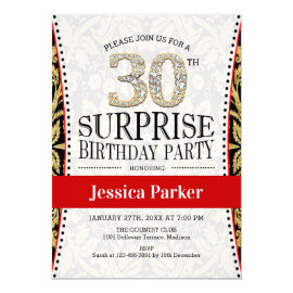 Surprise 30th Birthday Party - White Gold Red Invitation