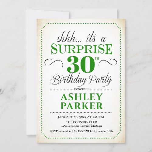 Surprise 30th Birthday Party _ White Green Invitation