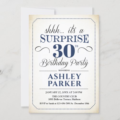 Surprise 30th Birthday Party _ White Navy Invitation