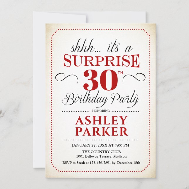 Surprise 30th Birthday Party - White Red Black Invitation (Front)