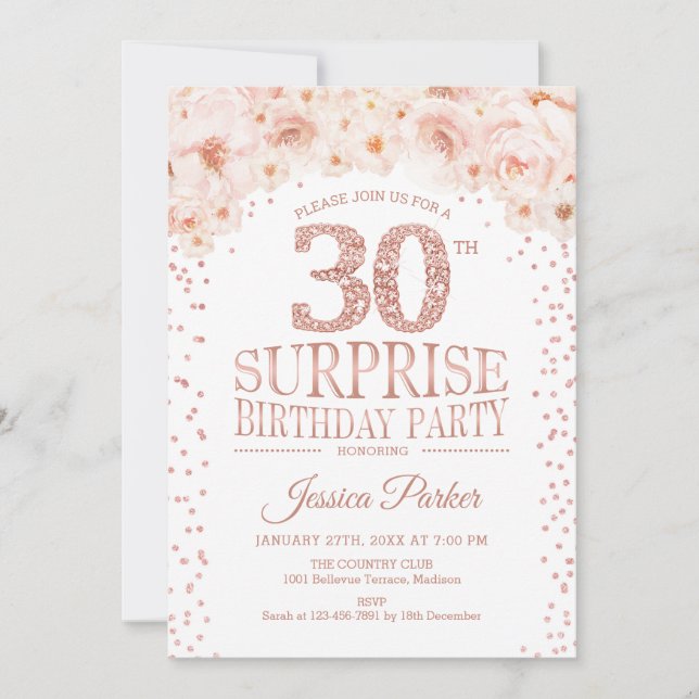 Surprise 30th Birthday Party - White Rose Gold Invitation (Front)
