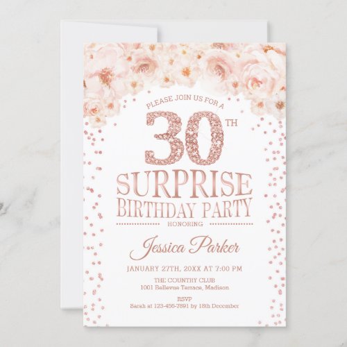 Surprise 30th Birthday Party _ White Rose Gold Invitation
