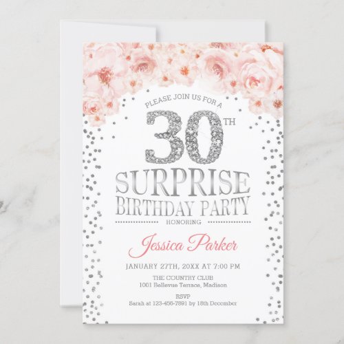 Surprise 30th Birthday Party _ White Silver Pink Invitation