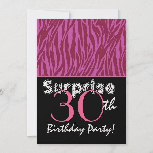 SURPRISE 30th Birthday Pink and Burgundy Zebra Custom Announcement