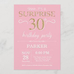 Surprise 30th Birthday Pink and Gold Glitter Invitation