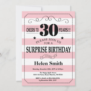 Surprise 30th Birthday Pink and White Stripes Invitation