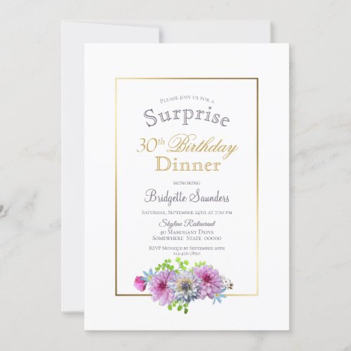 Surprise 30th Birthday Pink Floral Gold Dinner Invitation