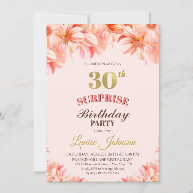 Surprise 30th Birthday Pink Gold Floral Party Invitation (Front)