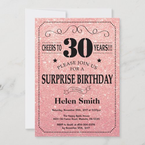 Surprise 30th Birthday Pink Rose Gold Glitter Invitation