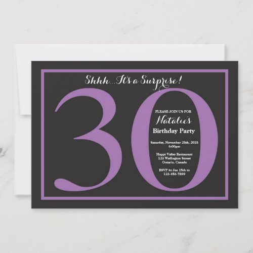 Surprise 30th Birthday Purple and Black Chalkboard Invitation