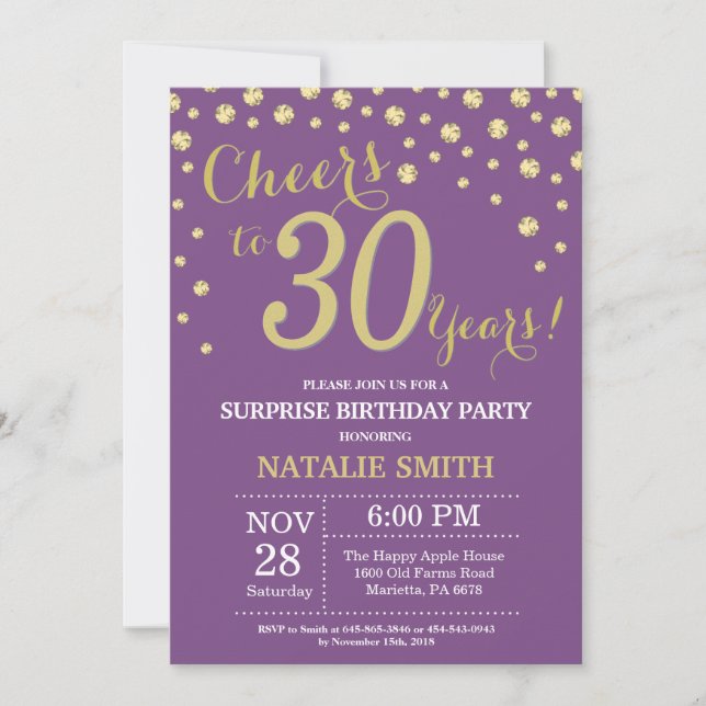 Surprise 30th Birthday Purple and Gold Diamond Invitation (Front)