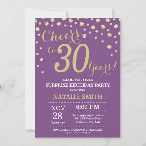Surprise 30th Birthday Purple and Gold Diamond Invitation
