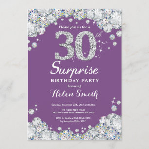Surprise 30th Birthday Purple and Silver Diamond Invitation