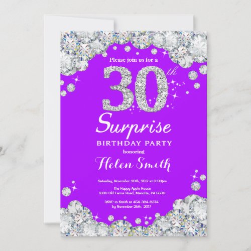 Surprise 30th Birthday Purple and Silver Diamond Invitation