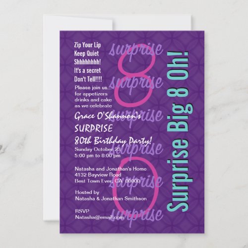 SURPRISE 30th Birthday Purple Pink Blue F218 Personalized Invite