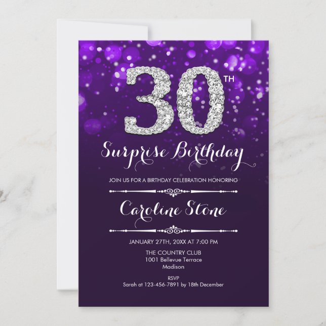 Surprise 30th Birthday - Purple Silver Invitation (Front)