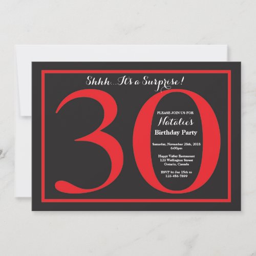 Surprise 30th Birthday Red and Black Chalkboard Invitation