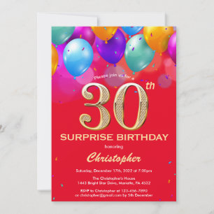 Surprise 30th Birthday Red and Gold Balloons Invitation
