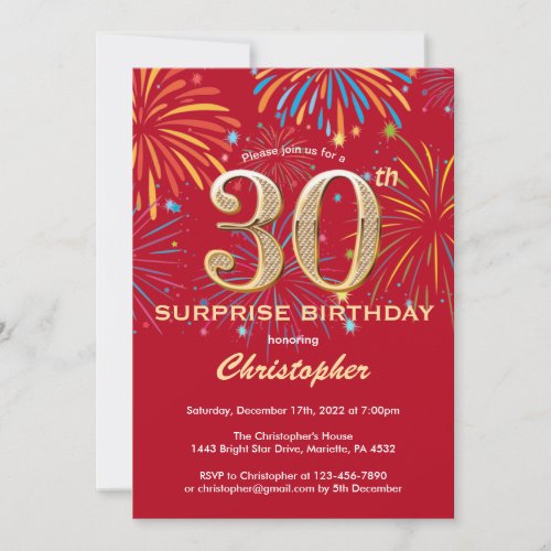 Surprise 30th Birthday Red  Gold Rainbow FireworK Invitation