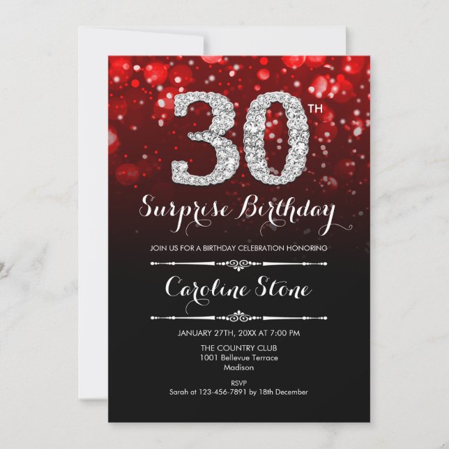 Surprise 30th Birthday - Red Silver Invitation (Front)