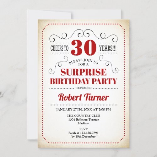 Surprise 30th Birthday _ Red White Black Invitation
