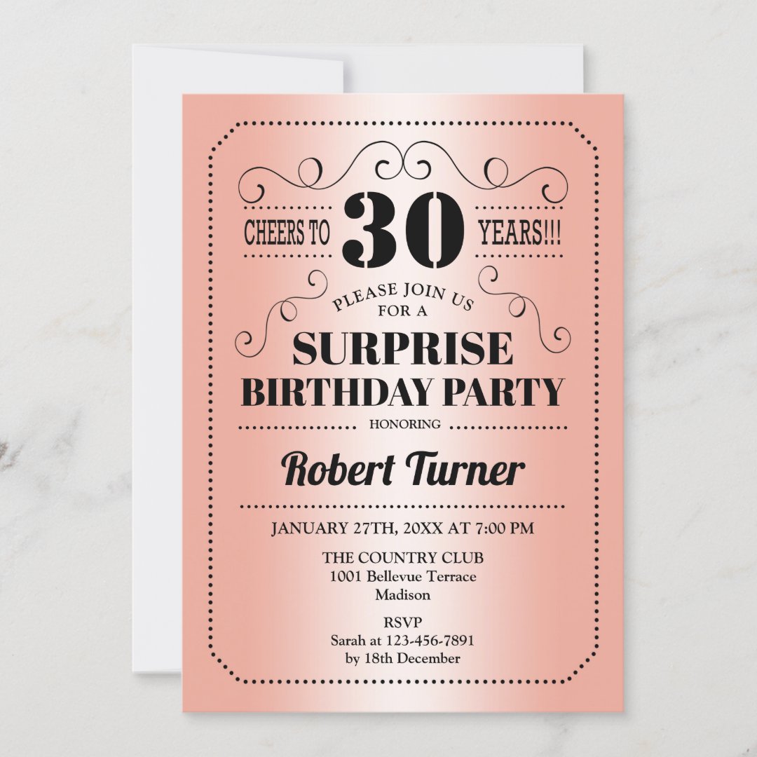 Surprise 30th Birthday - Rose Gold Black Invitation | Zazzle