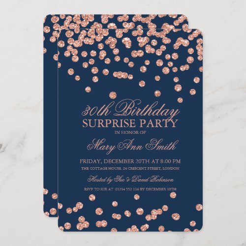 Surprise 30th Birthday Rose Gold Glitter Navy Blue Invitation